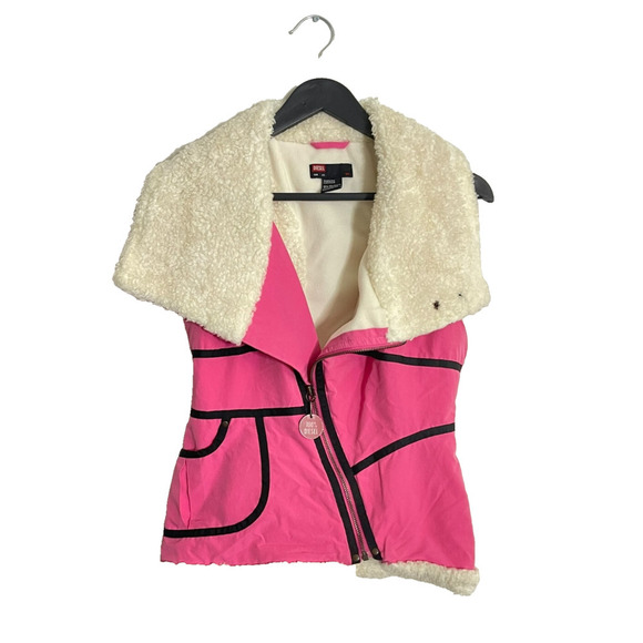 Diesel XS Vintage Sherpa Vest Pink Moto Full Zip Up Y2K Jacket Festival - Picture 2 of 9